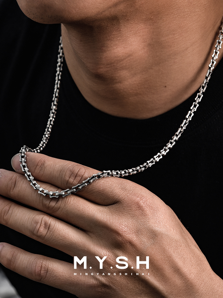 S925 Silver Oxidized Heavy Bone Link Chain Necklace