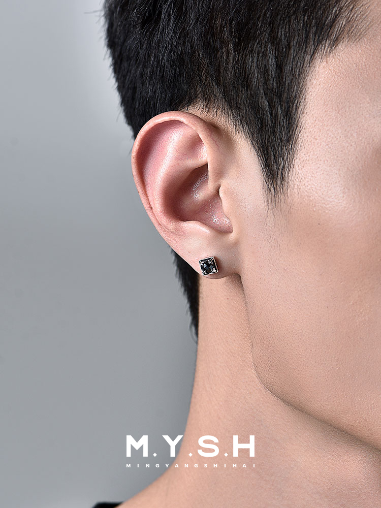 S925 Silver Black Onyx Fleur-de-Lis Square Stud Earrings