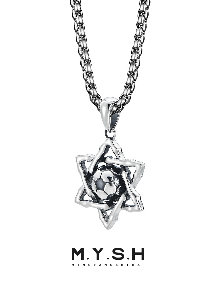 S925 Silver Star of David Soccer Ball Pendant Necklace
