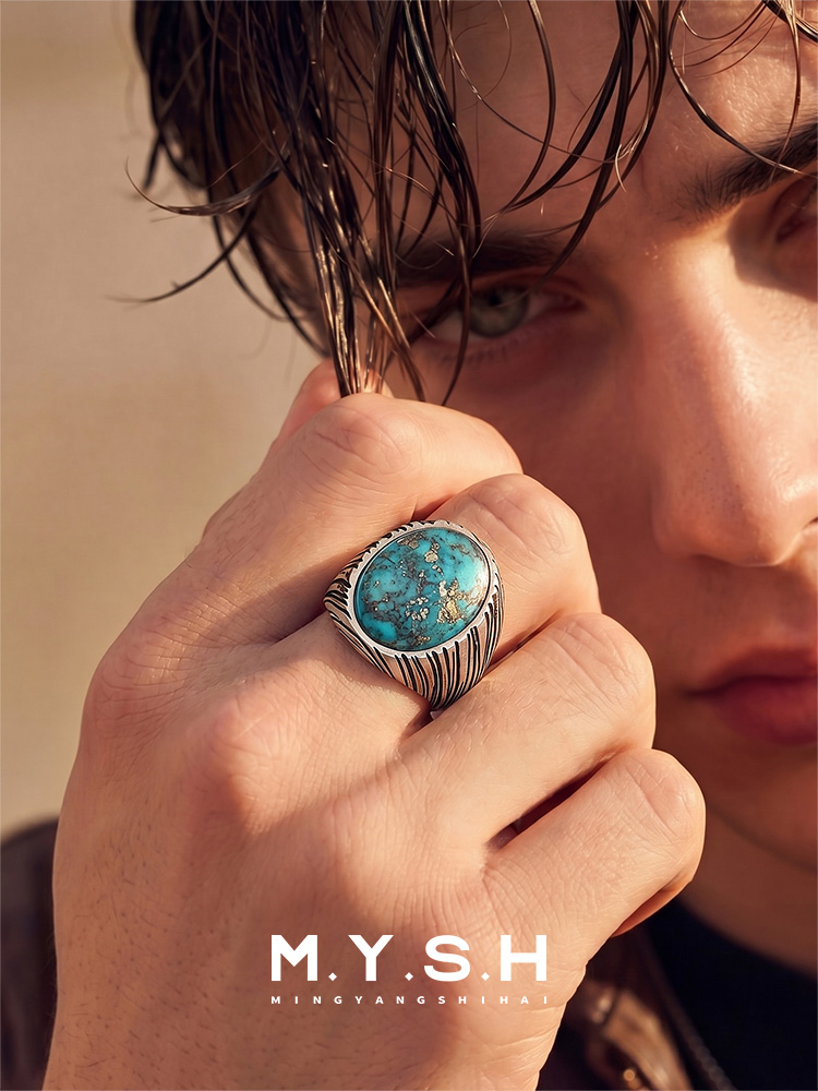 S925 Silver Natural Turquoise Statement Ring for Men