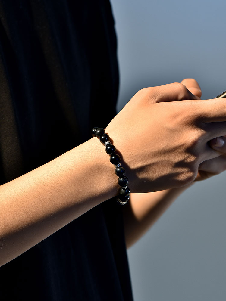 S925 Silver Textured Bead Black Onyx Bracelet