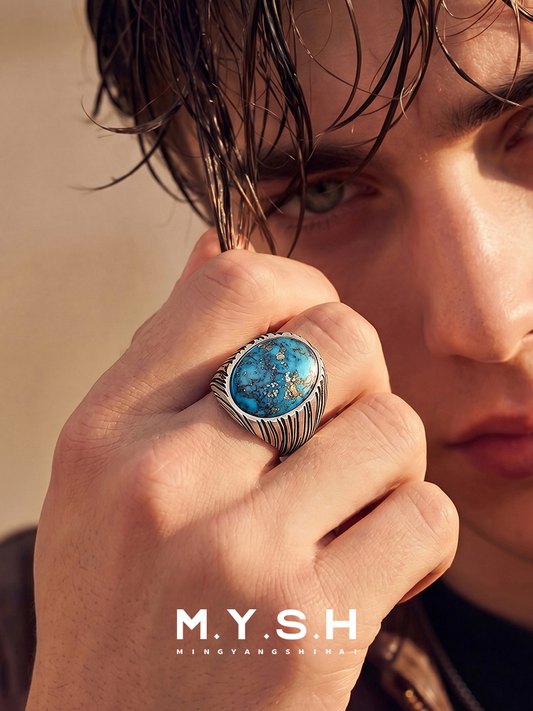 S925 Silver Natural Turquoise Statement Ring for Men