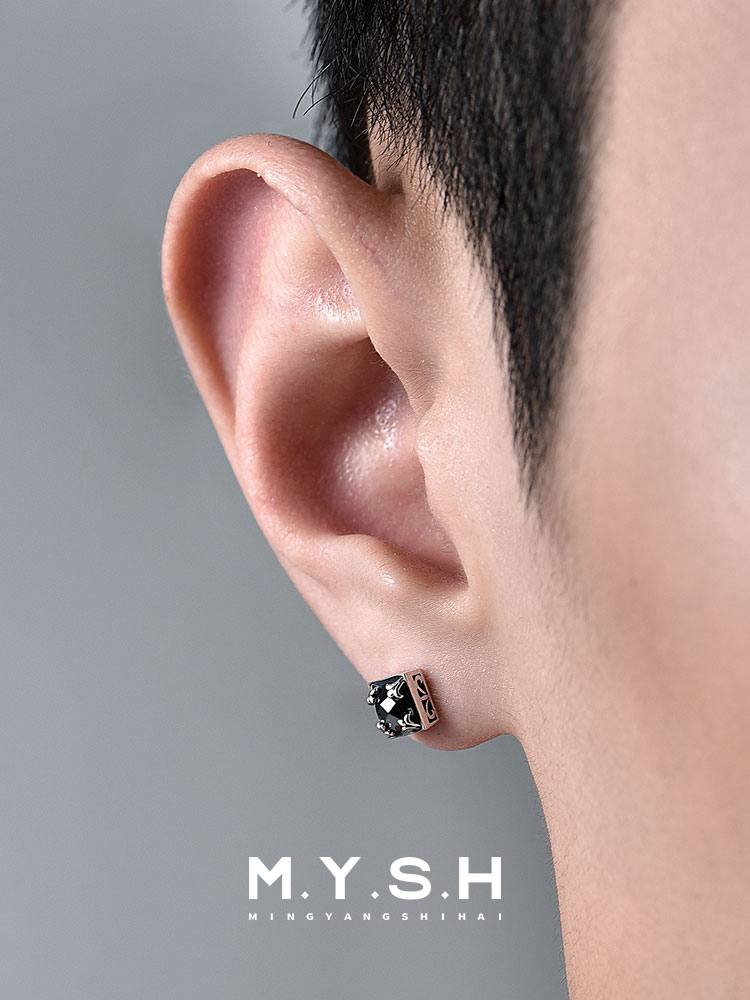 S925 Silver Black Onyx Fleur-de-Lis Square Stud Earrings