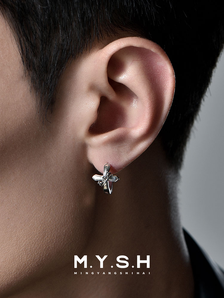 S925 Silver Cross Stud Earrings with Crown Detail for Men