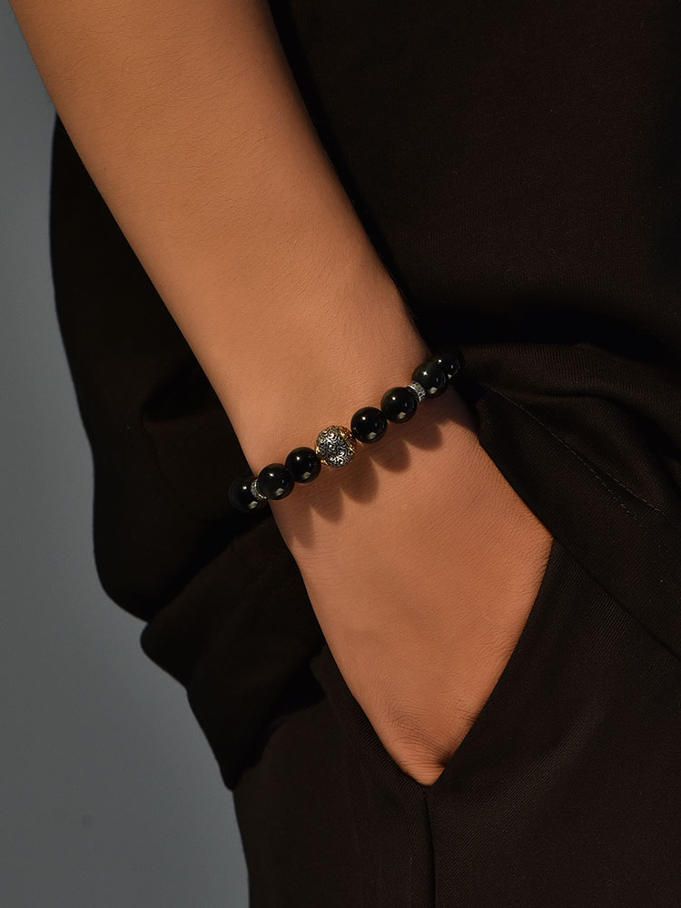 S925 Silver Textured Bead Black Onyx Bracelet