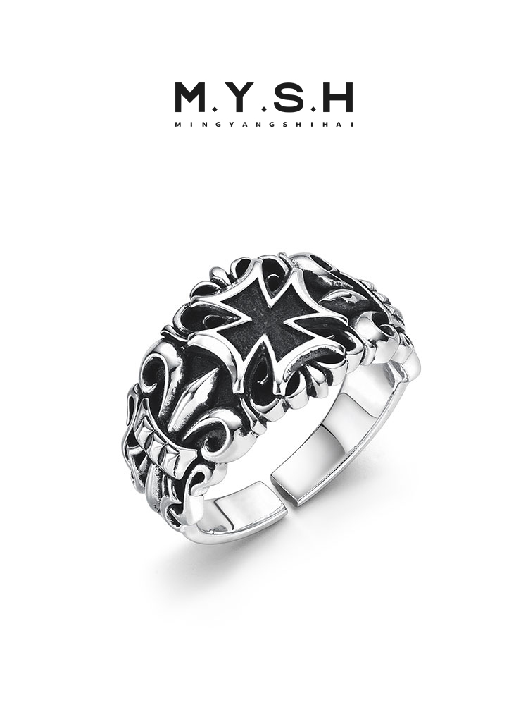 S925 Silver Black Cross Fleur-de-Lis Wide Band Ring