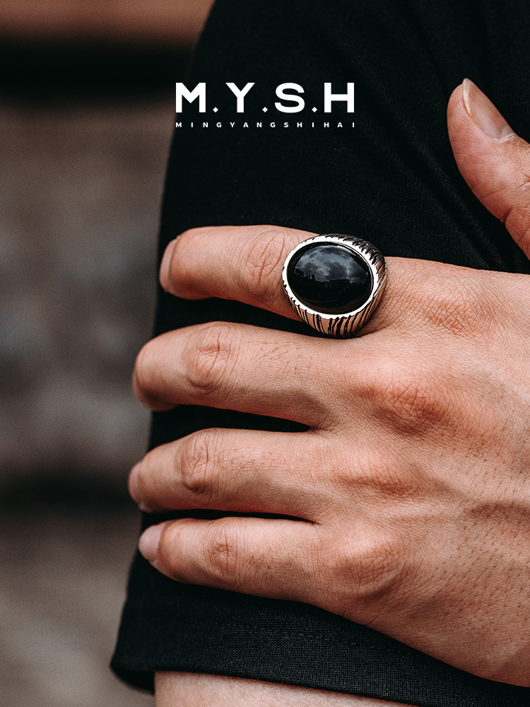 S925 Silver Black Onyx Wood Grain Statement Ring