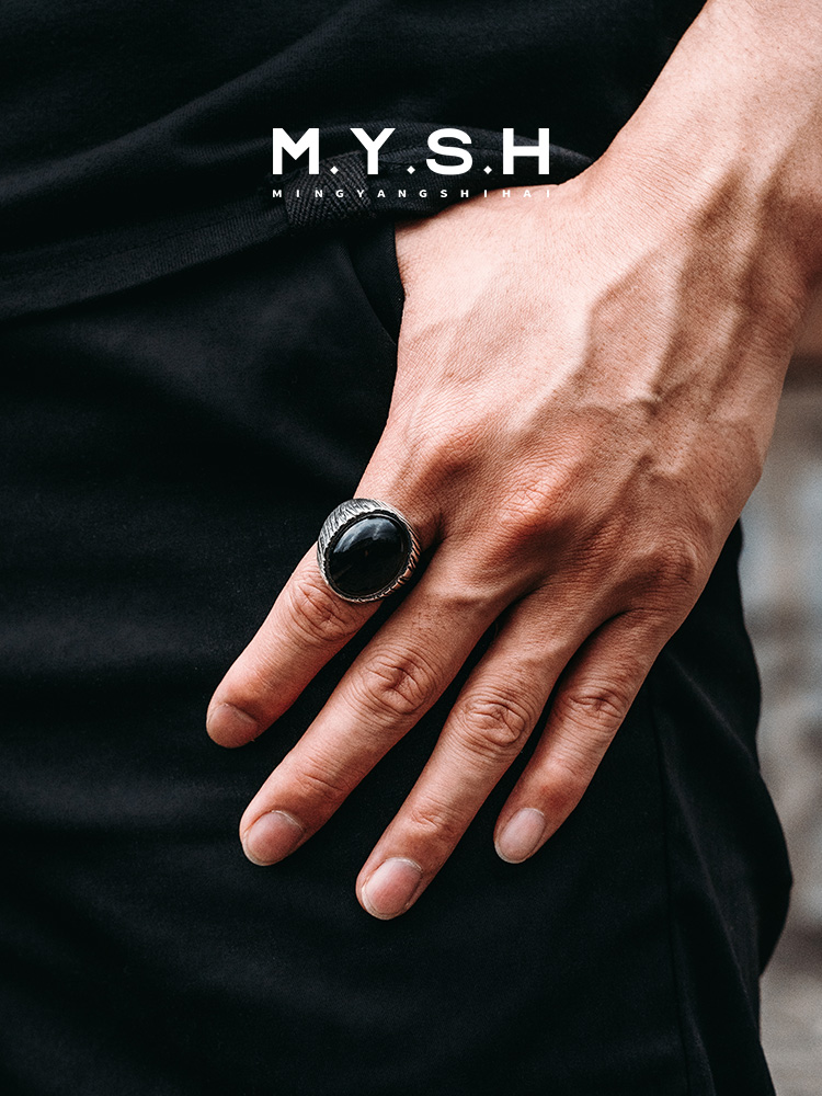 S925 Silver Black Onyx Wood Grain Statement Ring