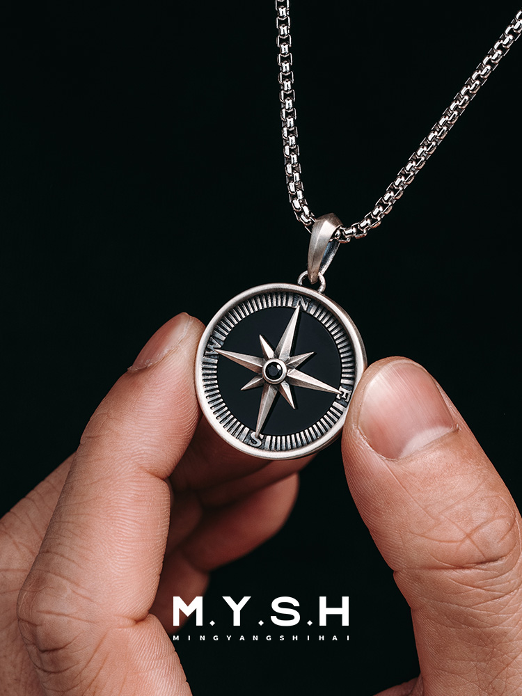S925 Silver Black Onyx Compass Pendant Necklace