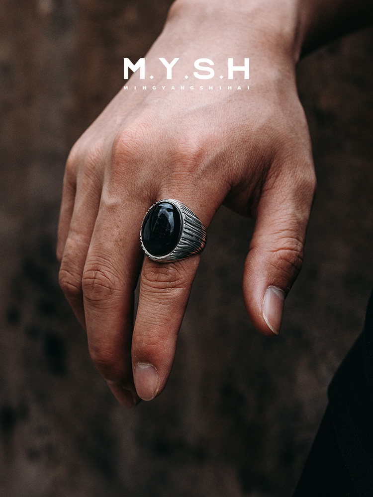 S925 Silver Black Onyx Wood Grain Statement Ring