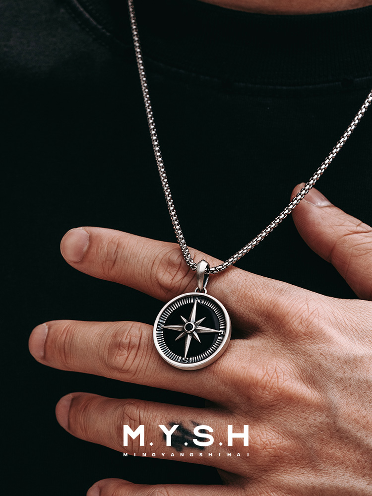 S925 Silver Black Onyx Compass Pendant Necklace