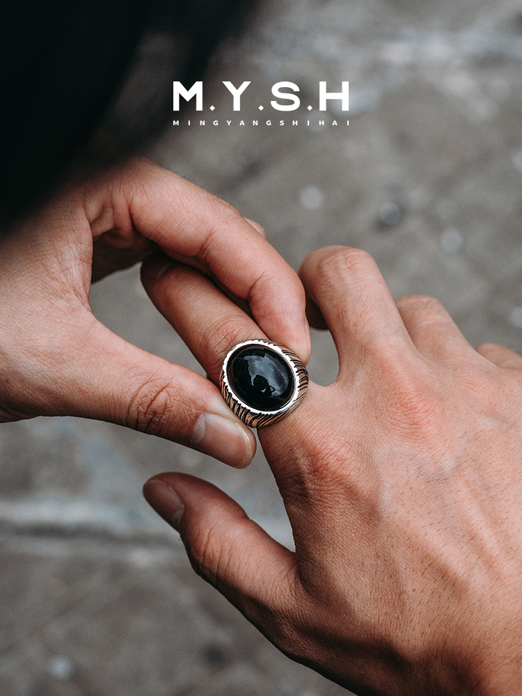 S925 Silver Black Onyx Wood Grain Statement Ring