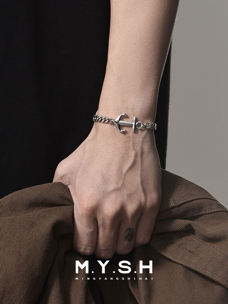 6MM S925 Silver Anchor Cuban Link Bracelet for Men