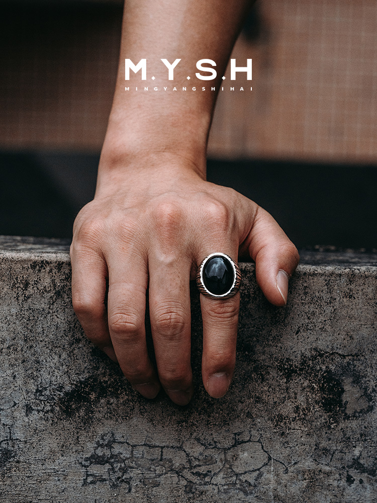 S925 Silver Black Onyx Wood Grain Statement Ring