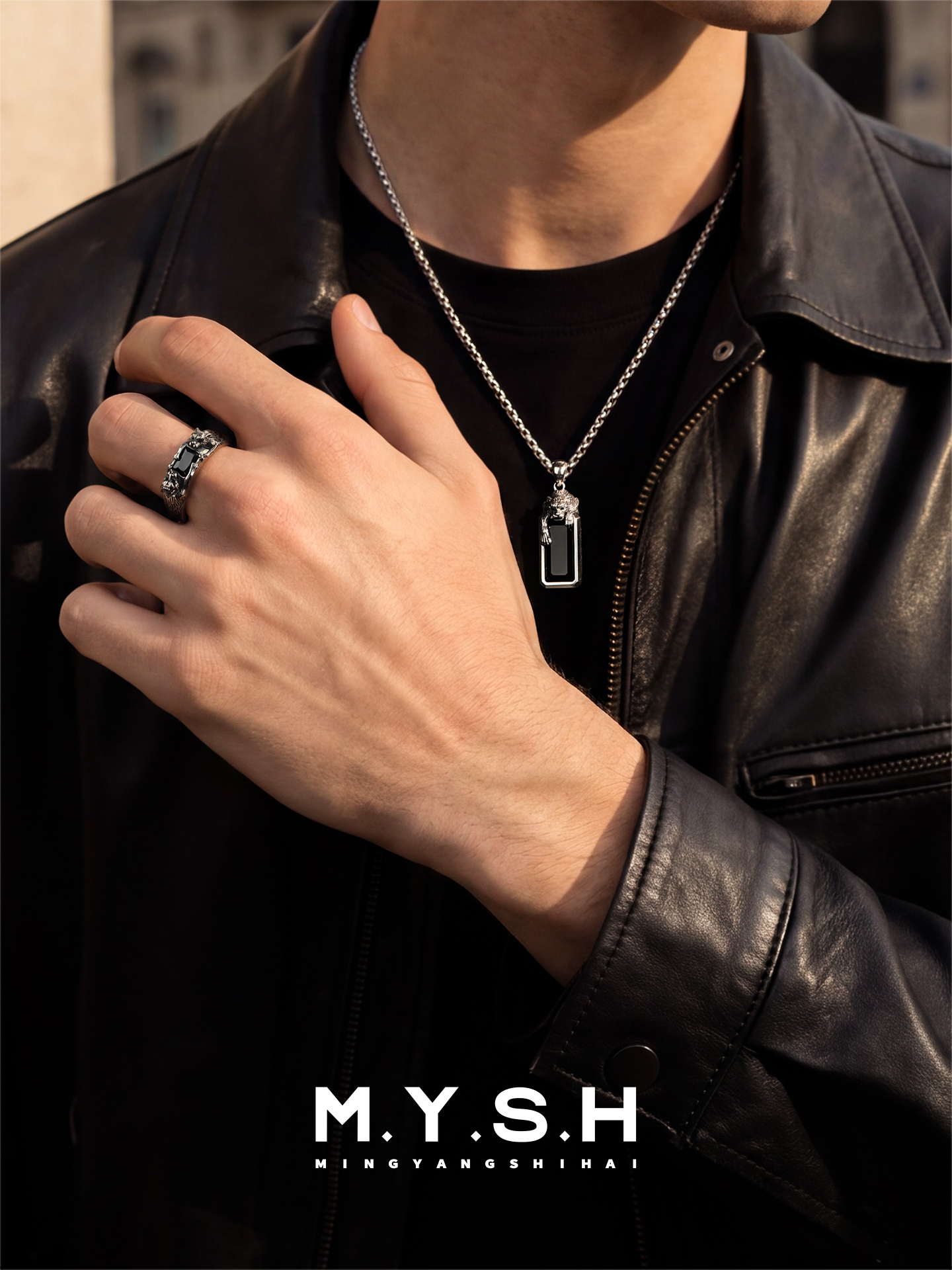S925 Silver Dual Leopard Black Stone Ring for Men