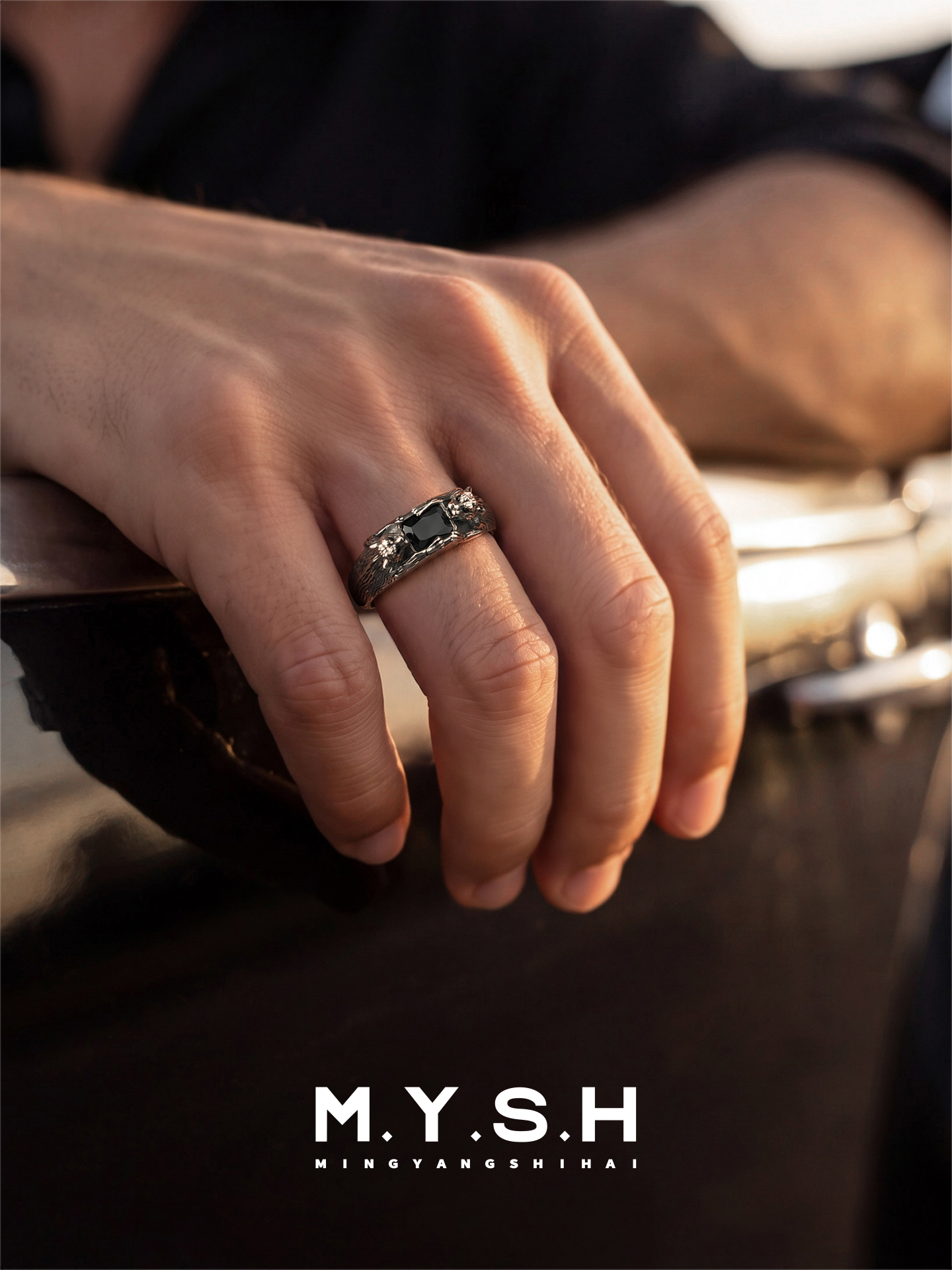 S925 Silver Dual Leopard Black Stone Ring for Men