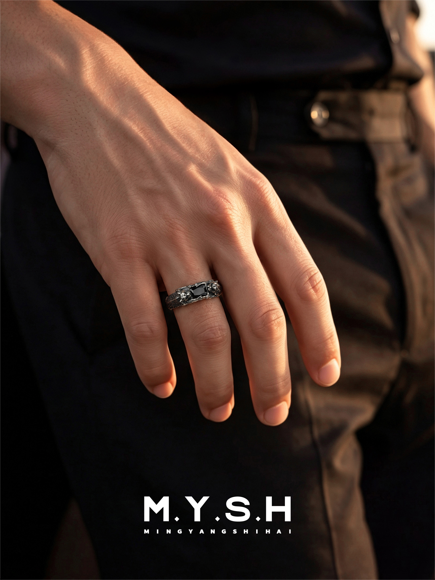 S925 Silver Dual Leopard Black Stone Ring for Men