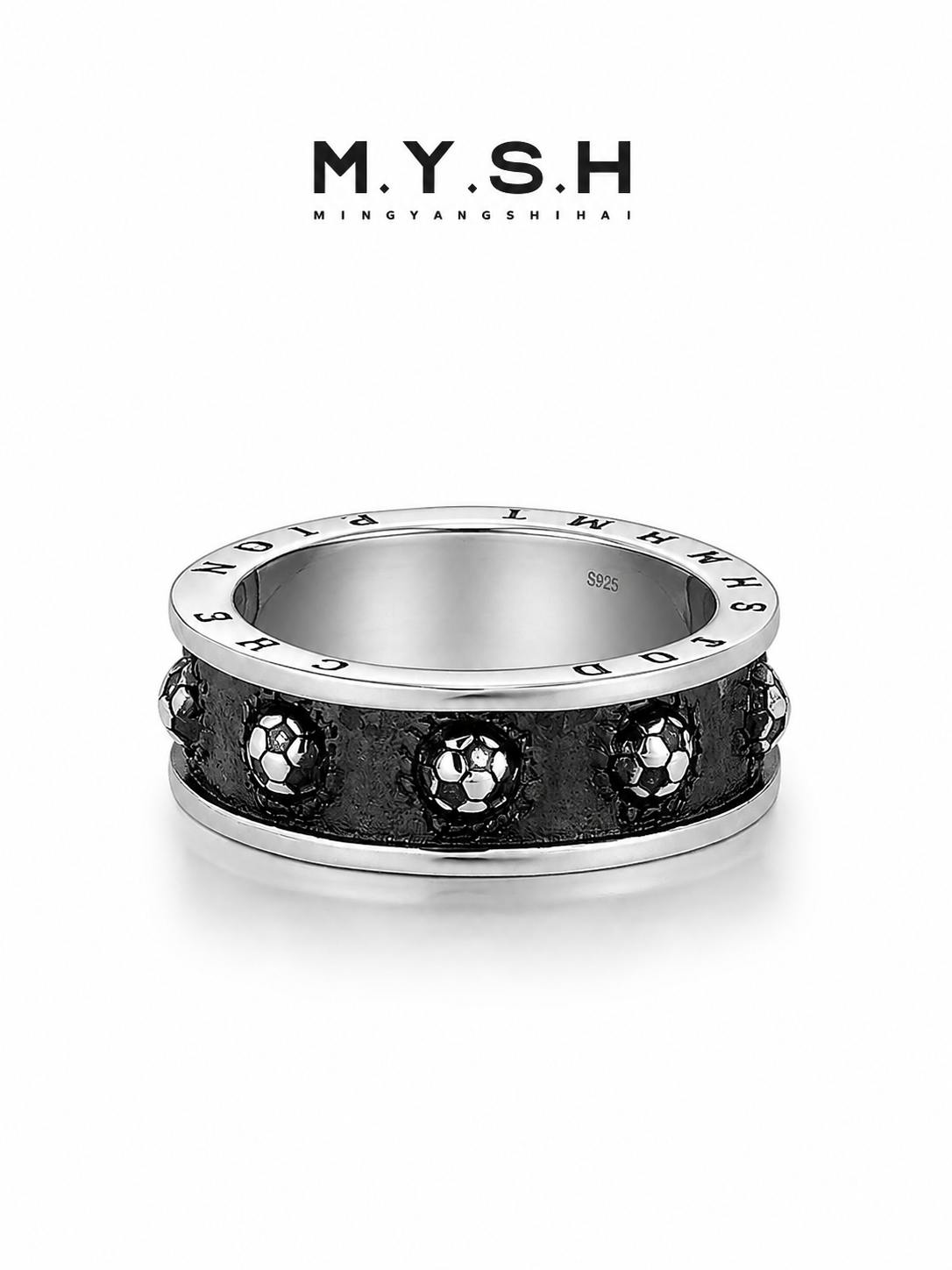 S925 Silver Soccer Ball Black Inlay Ring