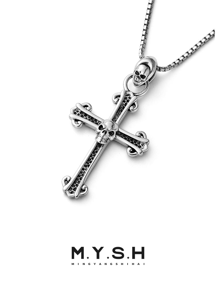 S925 Silver 3D Skull Cross Pendant Necklace