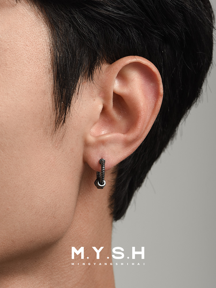 S925 Silver Black Dumbbell Barbell Hoop Earrings