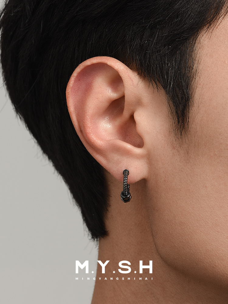 S925 Silver Black Dumbbell Barbell Hoop Earrings