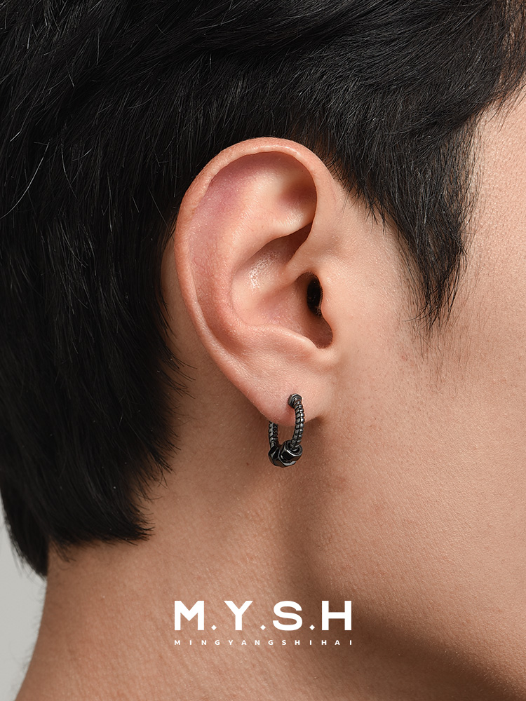 S925 Silver Black Dumbbell Barbell Hoop Earrings