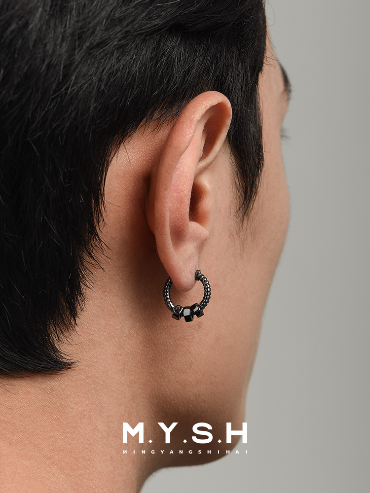S925 Silver Black Dumbbell Barbell Hoop Earrings