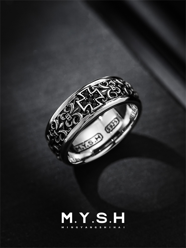 S925 Silver Cross Pattern Wide Ring