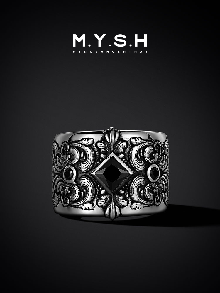 S925 Silver Black Zircon Vintage Wide Ring