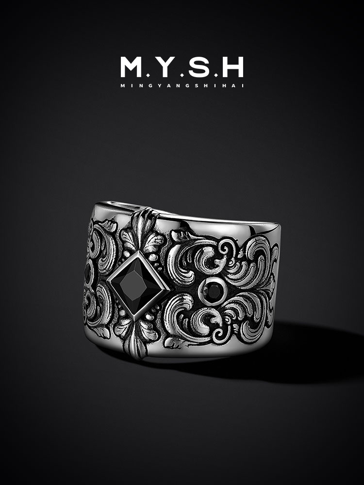S925 Silver Black Zircon Vintage Wide Ring