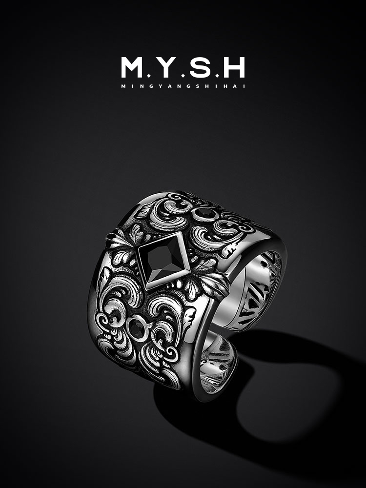 S925 Silver Black Zircon Vintage Wide Ring