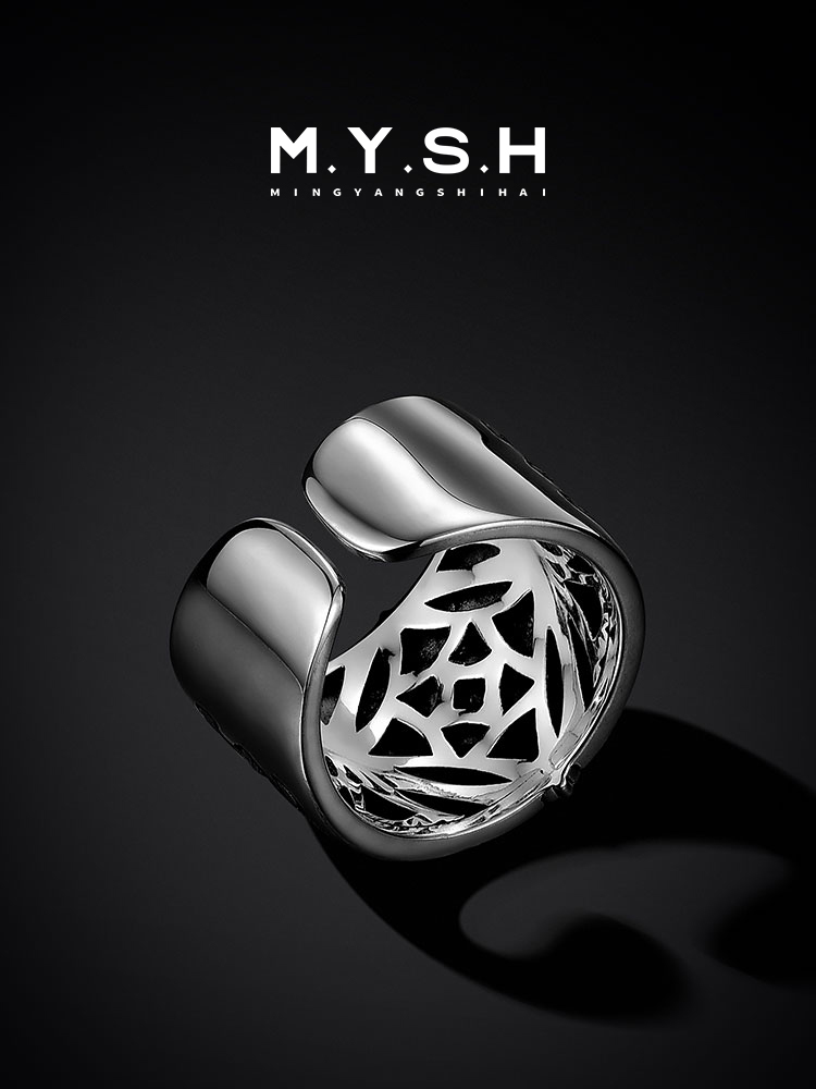 S925 Silver Black Zircon Vintage Wide Ring