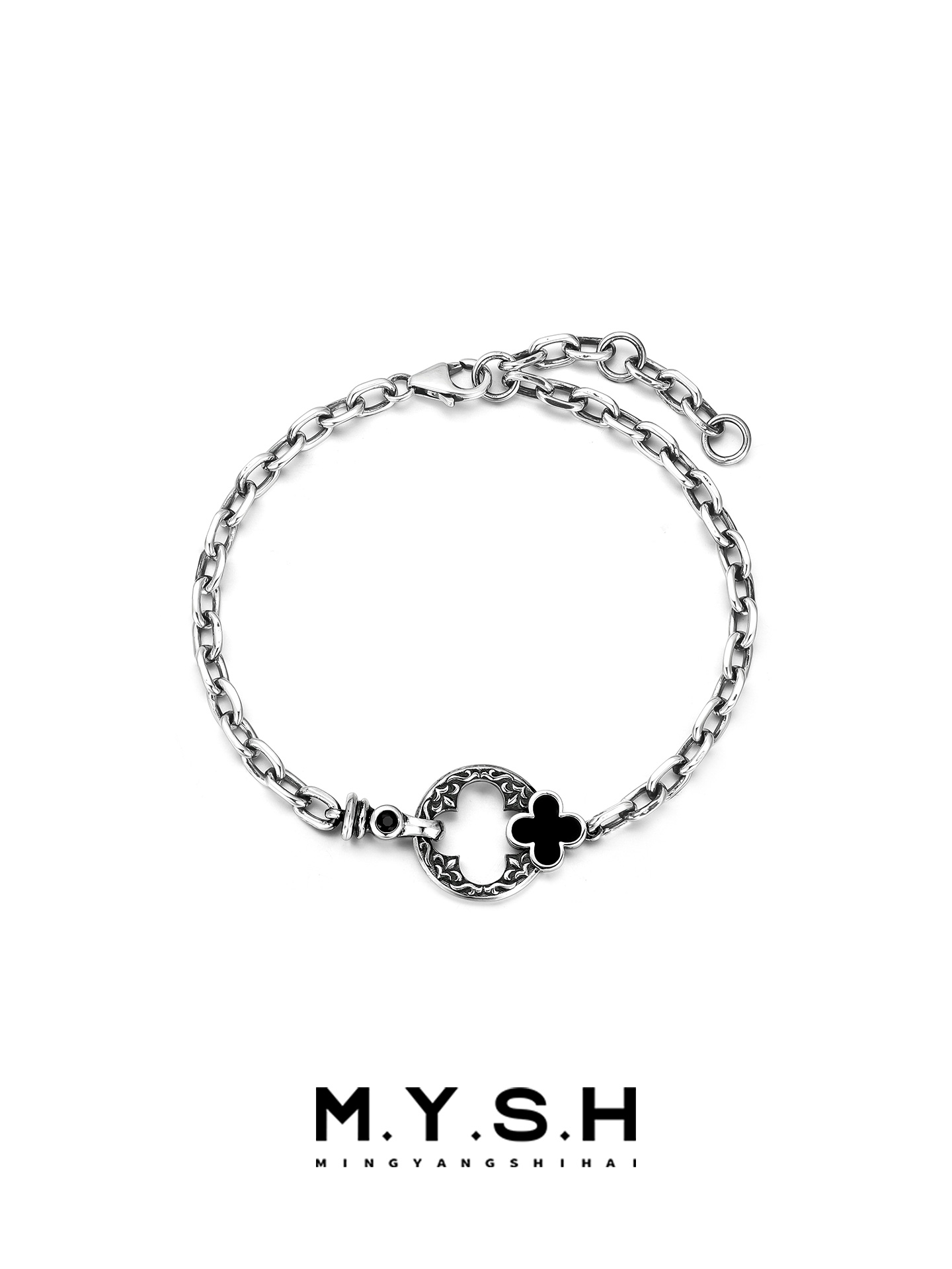 S925 Silver Four-Leaf Clover Circle Bracelet for Men