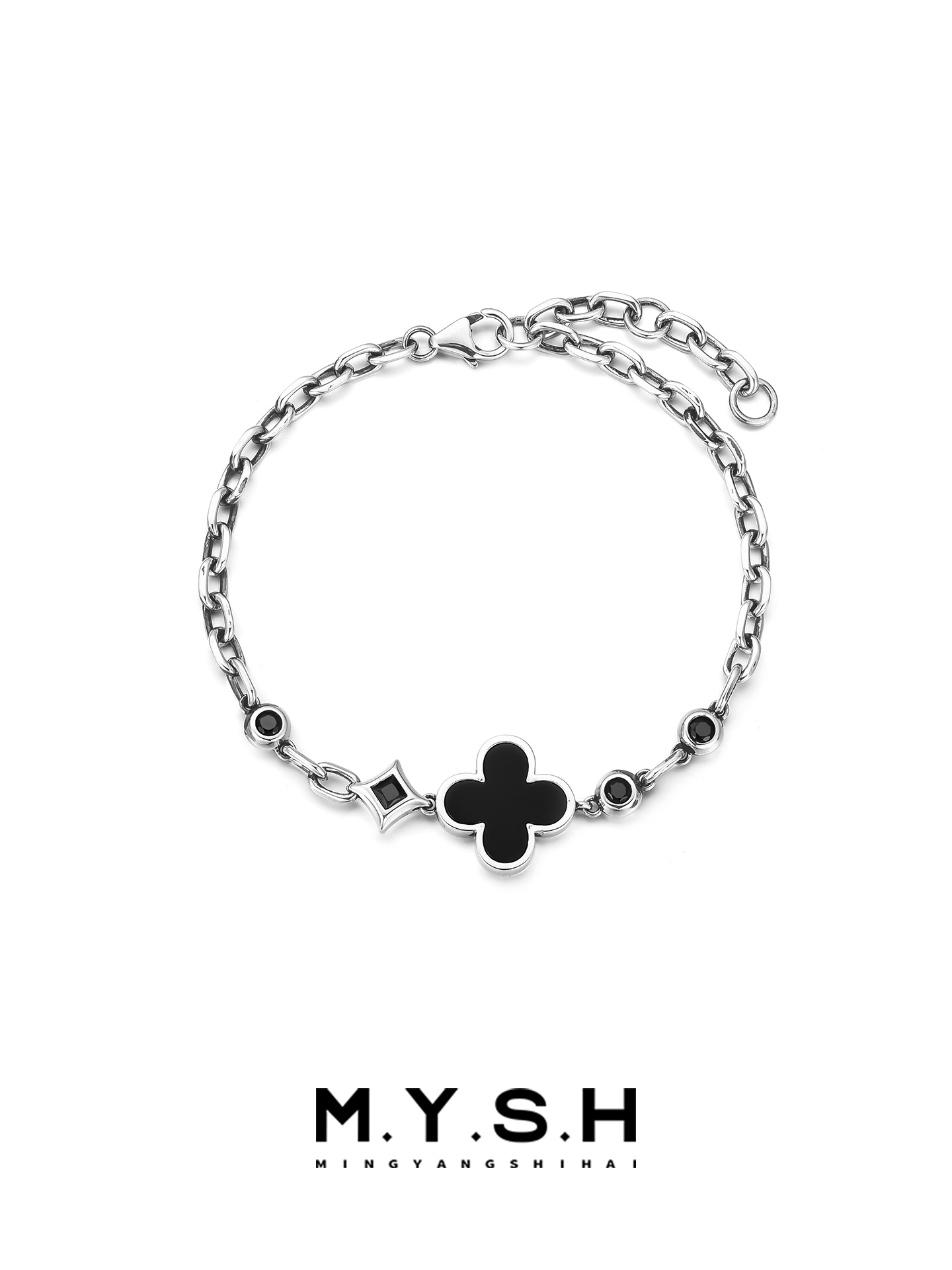 S925 Silver Black Agate Four-Leaf Clover Bracelet for Men