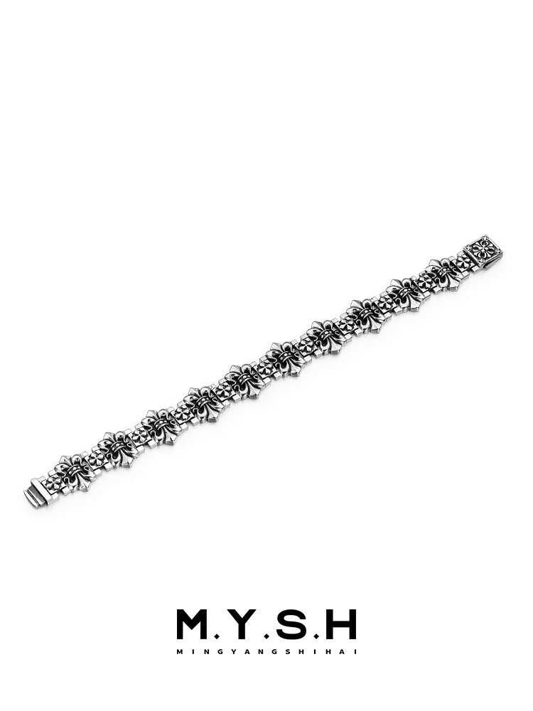 S925 Silver Fleur-de-Lis Cross Wide Bracelet