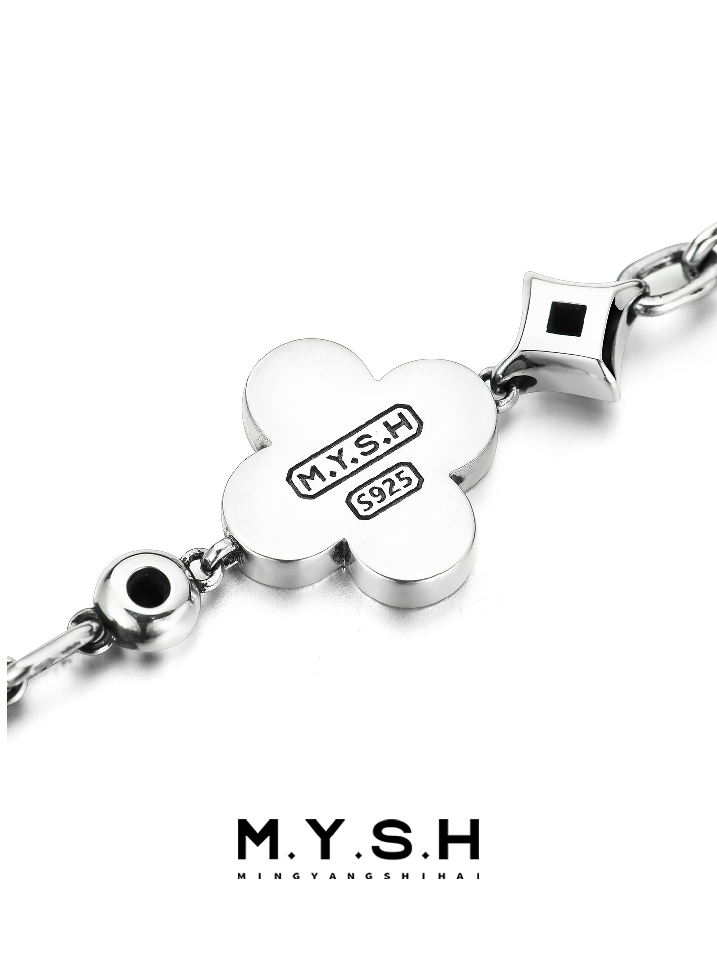 S925 Silver Black Agate Four-Leaf Clover Bracelet for Men