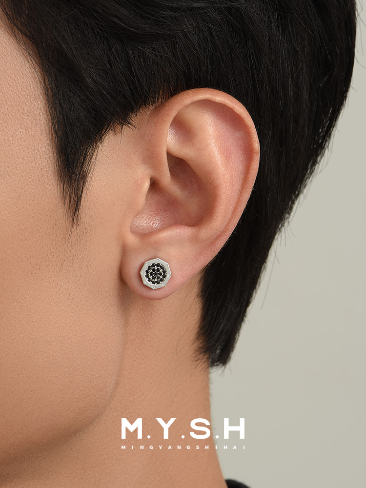 S925 Silver Magnetic Octagon Black Diamond Clip-On Earrings (No Piercing)