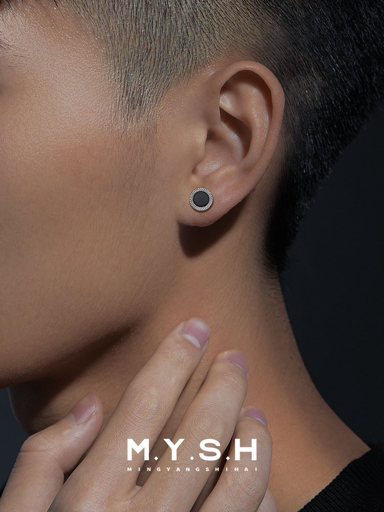 S925 Silver Snake Scale Black Gem Stud Earrings