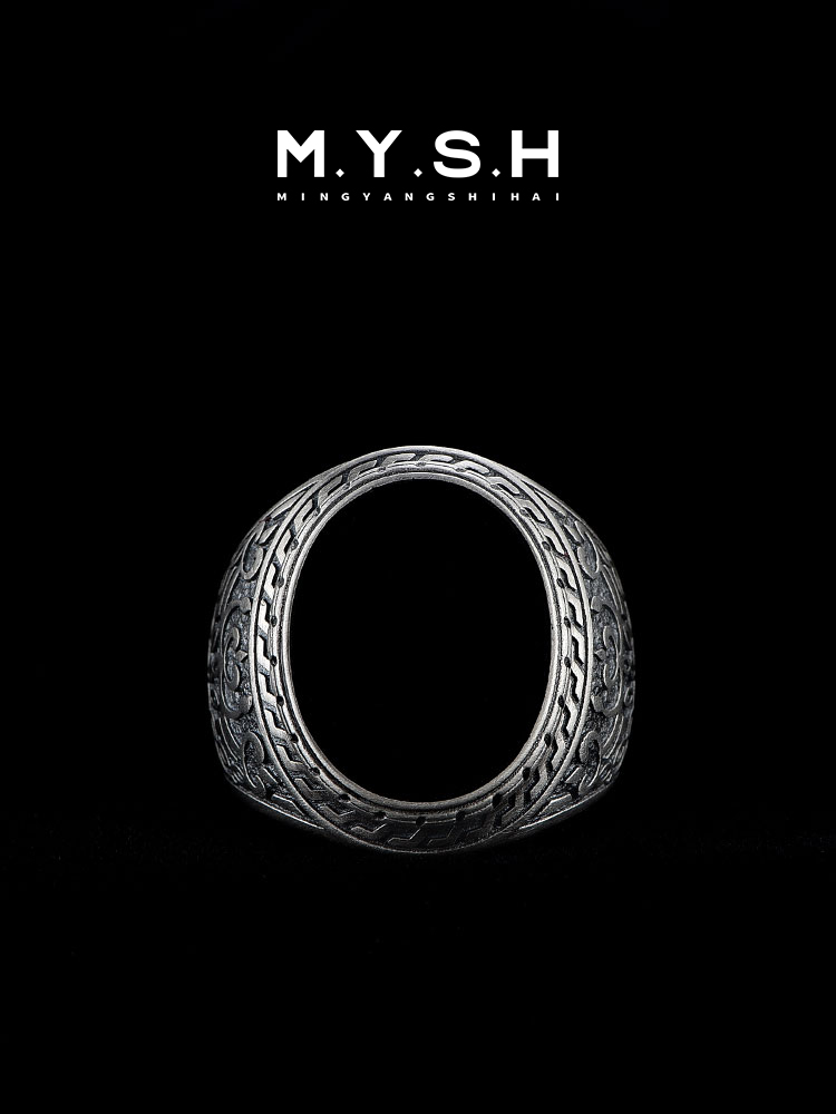 Sterling Silver Black Onyx Carved Wide Band Ring