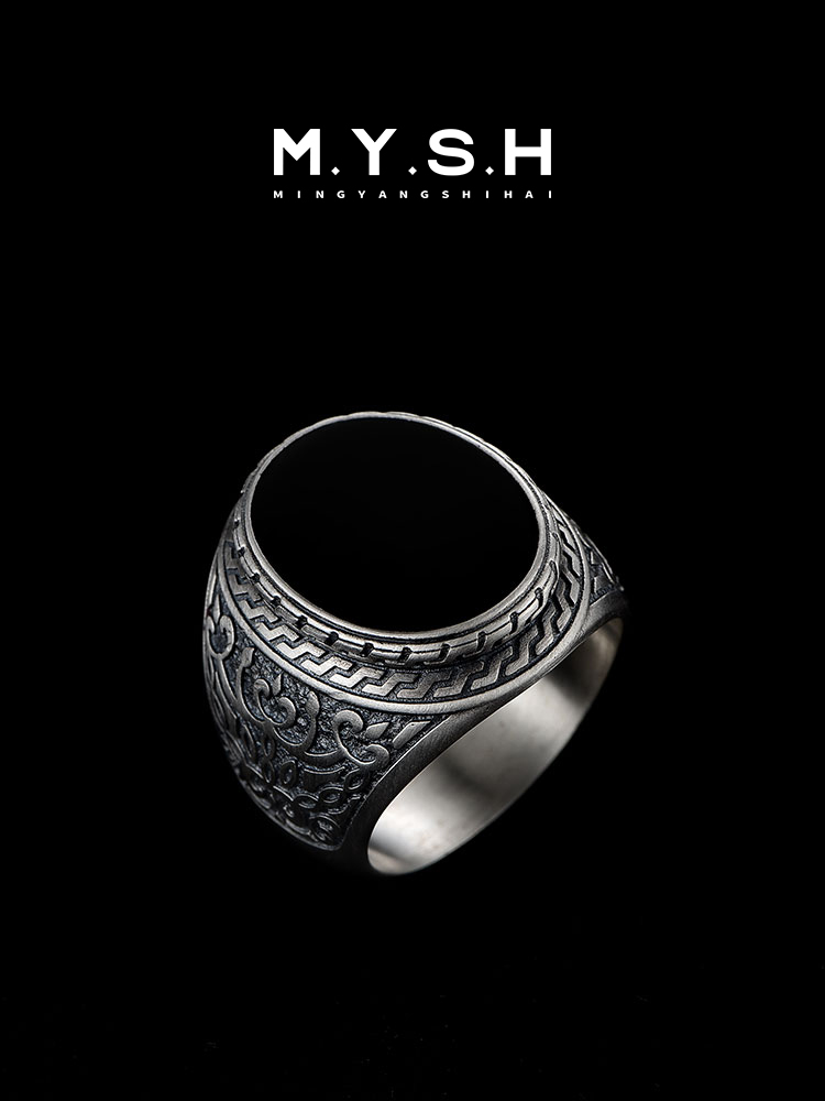 Sterling Silver Black Onyx Carved Wide Band Ring