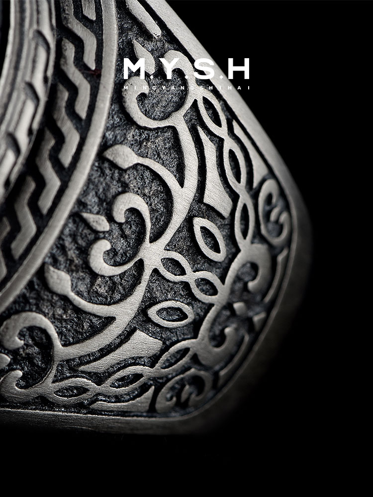 Sterling Silver Black Onyx Carved Wide Band Ring