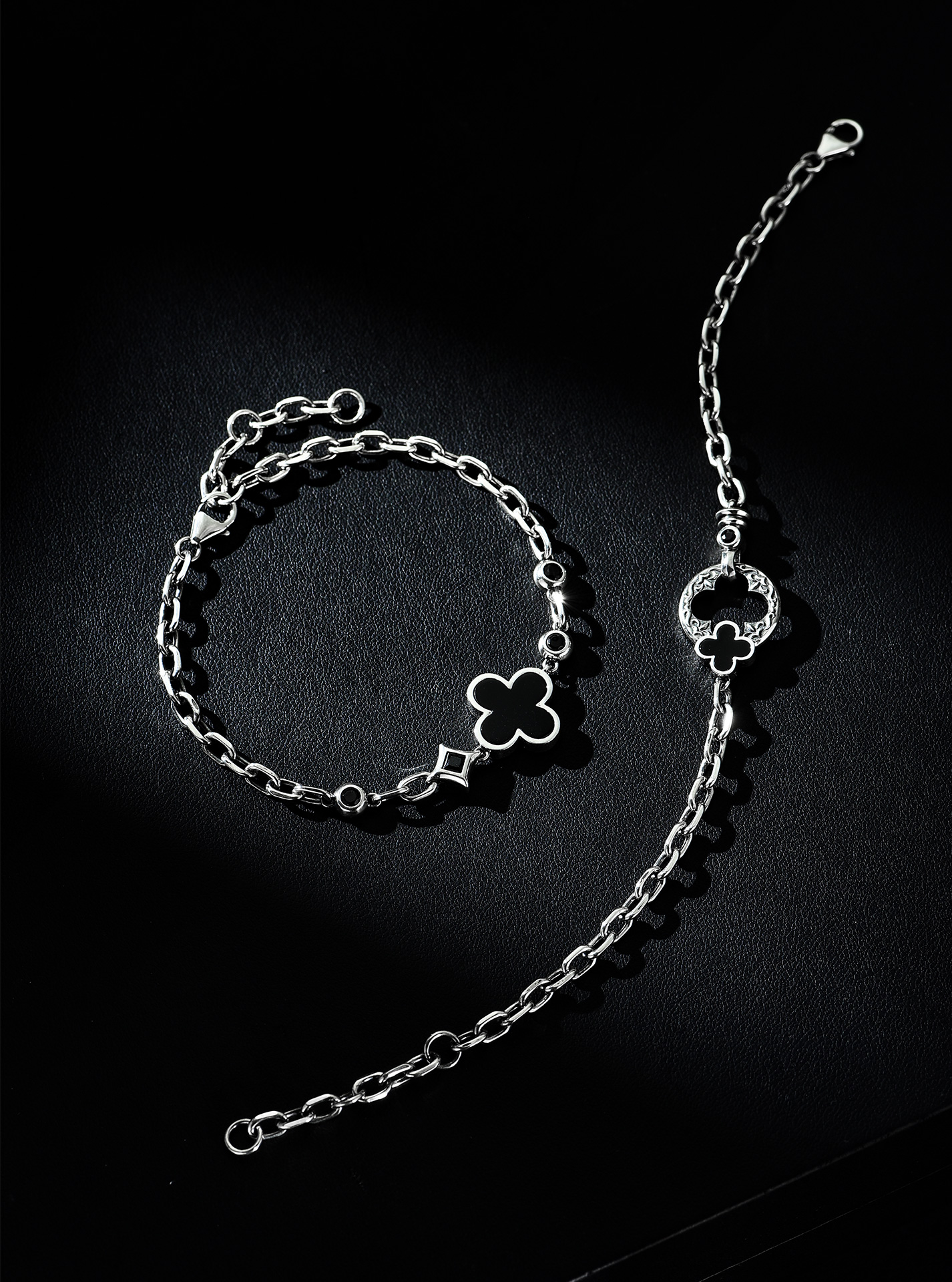 S925 Silver Black Agate Four-Leaf Clover Bracelet for Men