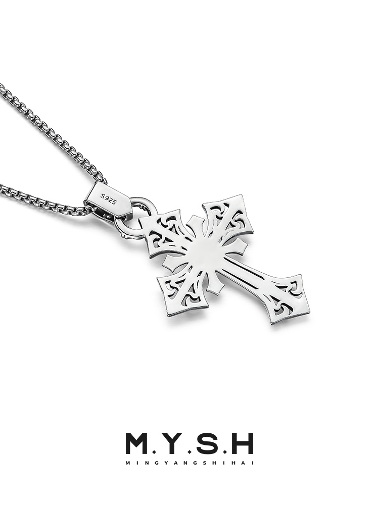 S925 Silver Black Onyx Oversized Cross Pendant Necklace