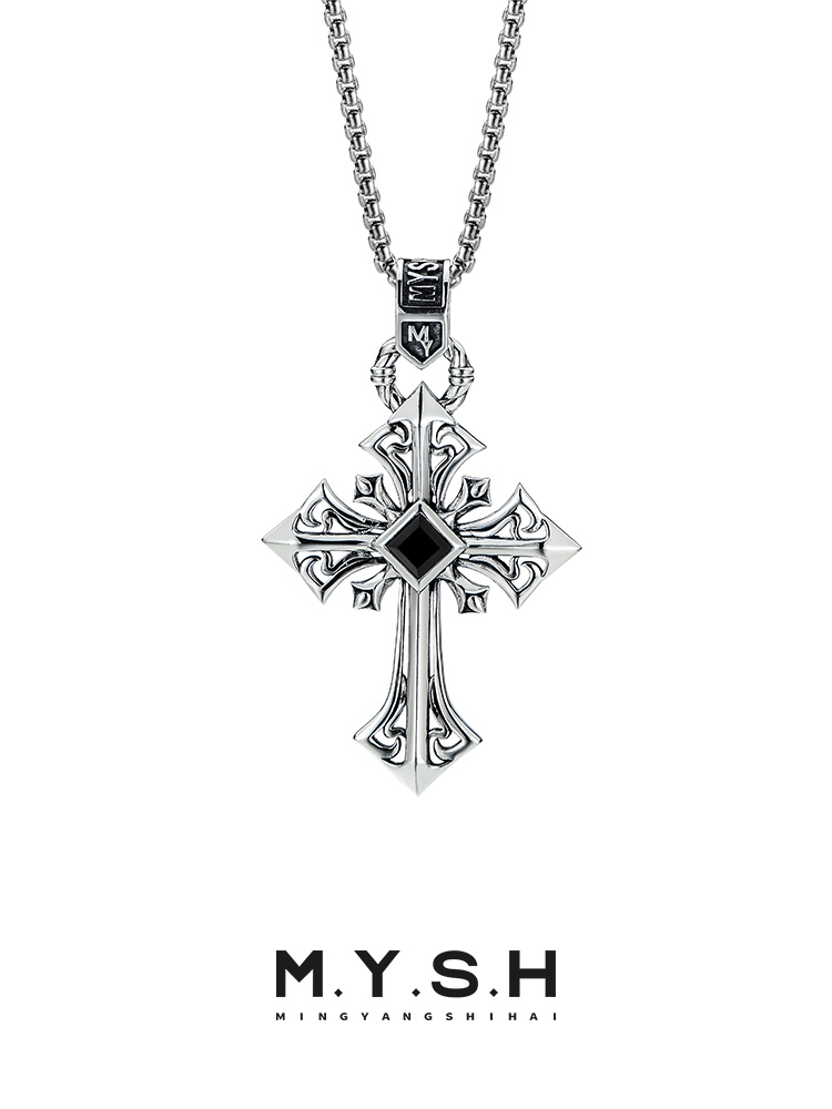 S925 Silver Black Onyx Oversized Cross Pendant Necklace