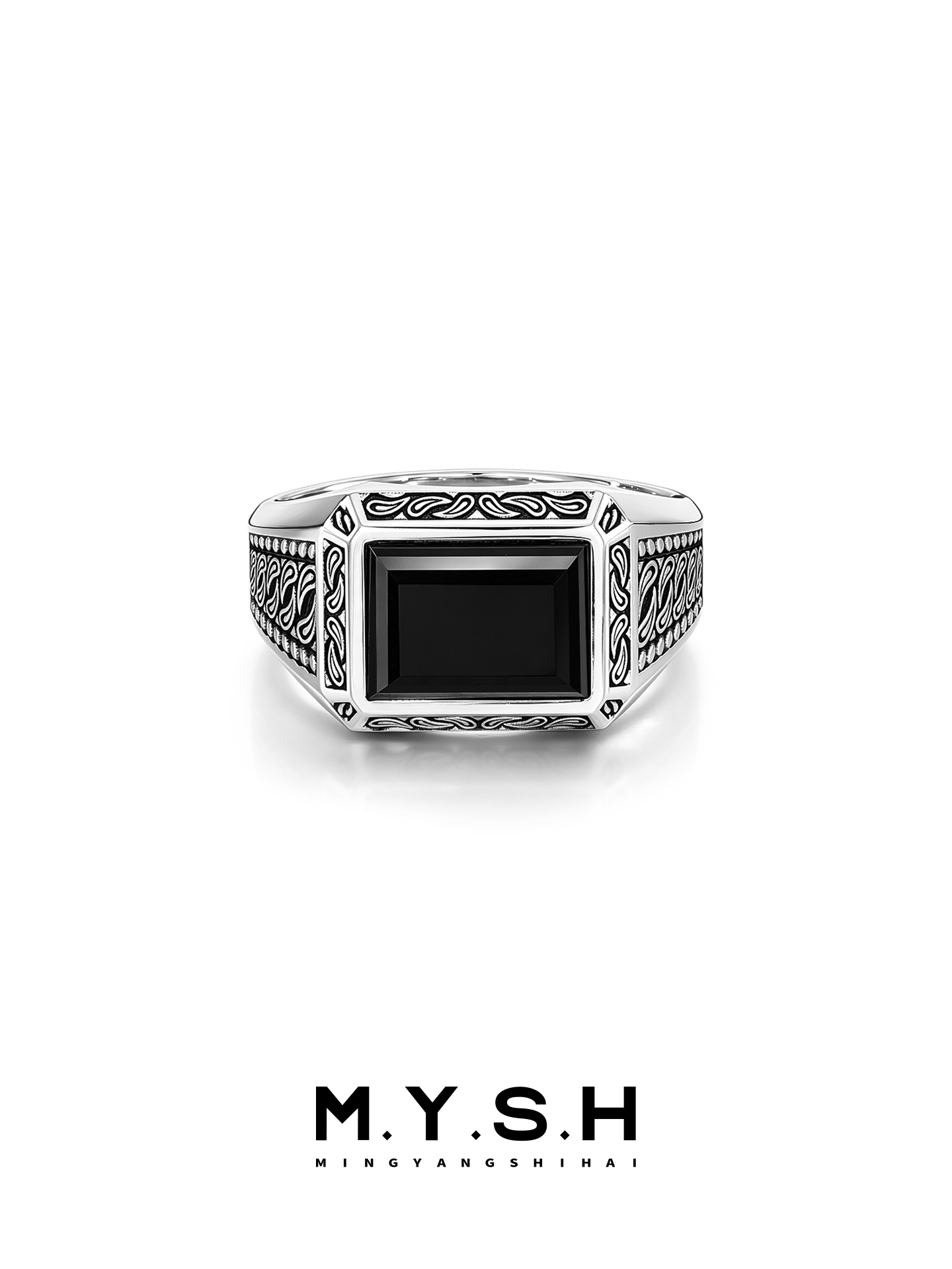 S925 Silver Paisley Black Onyx Signet Ring