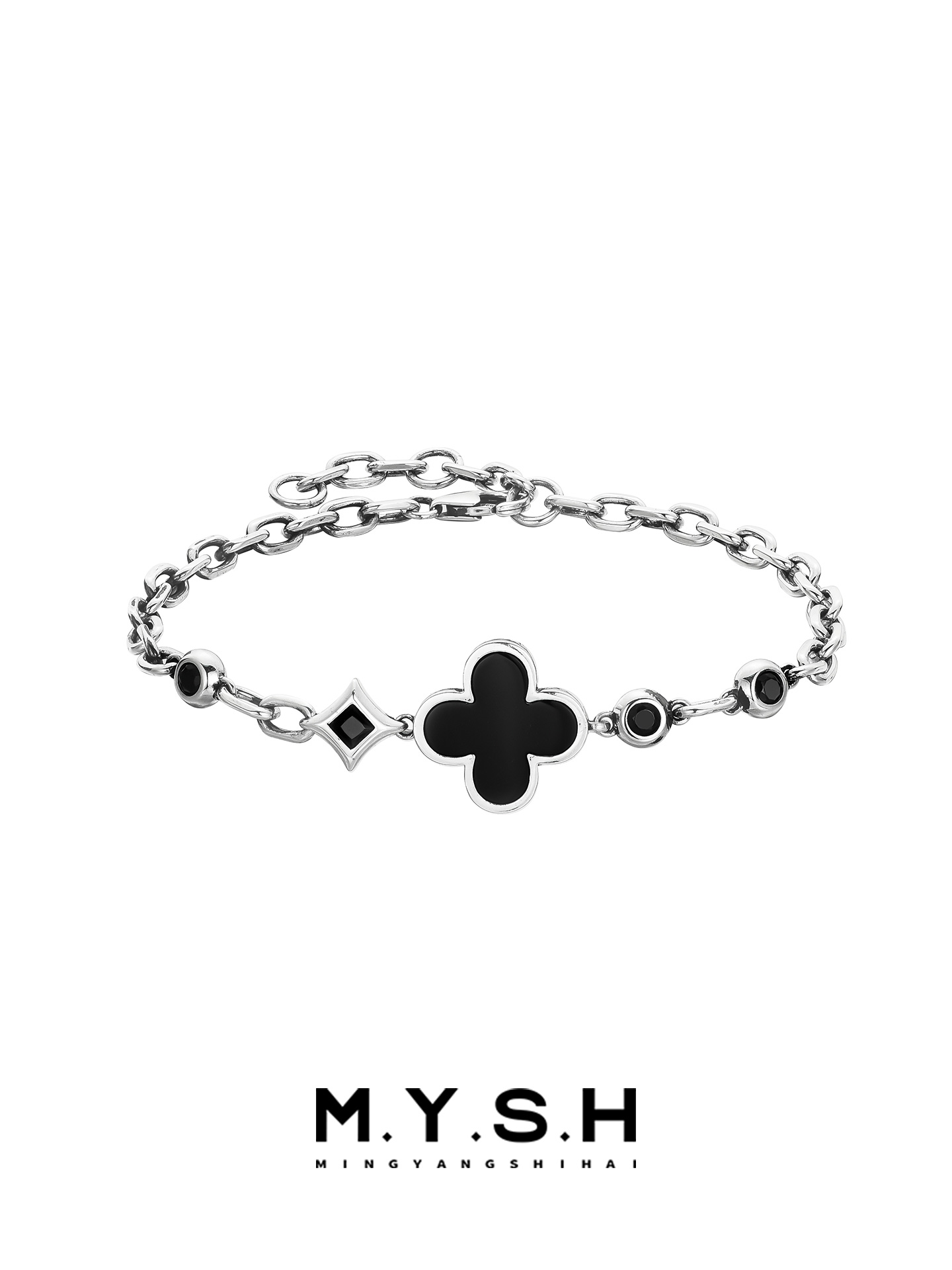 S925 Silver Black Agate Four-Leaf Clover Bracelet for Men