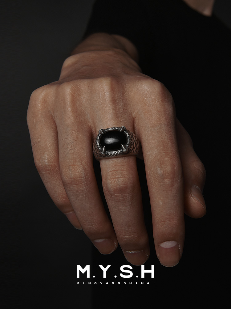 S925 Silver Black Onyx Snake Claw Ring