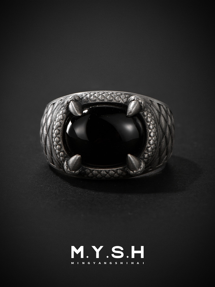 S925 Silver Black Onyx Snake Claw Ring
