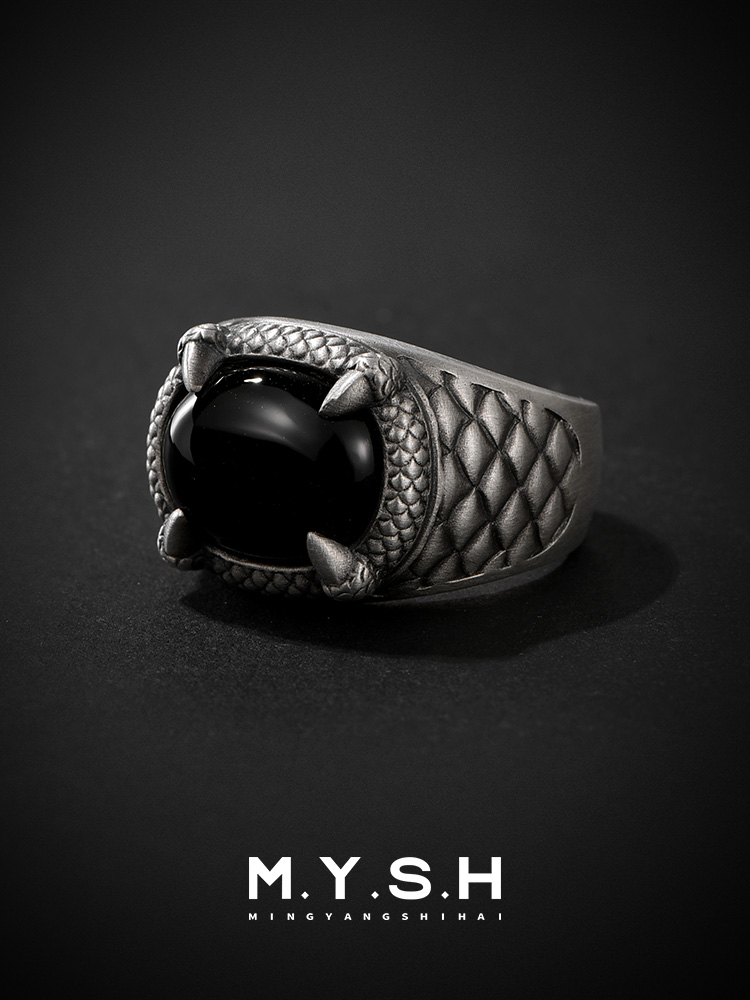 S925 Silver Black Onyx Snake Claw Ring