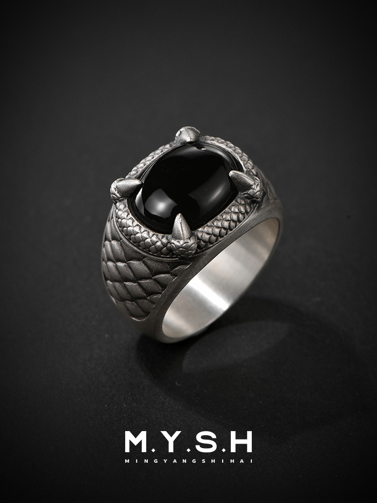 S925 Silver Black Onyx Snake Claw Ring